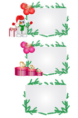 Merry Christmas and New Year banners set with fir branches, red balls, gift boxes and snowman. Collection of white frames or greeting card, invitation design with copy space. Stock vector illustration