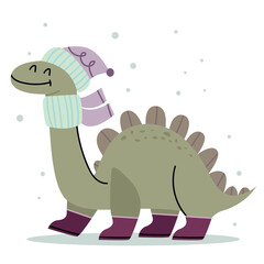 Cute dinosaur in a warm hat and scarf. Winter picture. Illustration for children's book. Cute Poster.