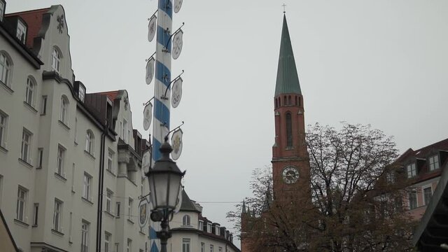 East Munich, Germany. Wiener Platz Square in Haidhausen,St Johann Church, Slow Motion. City During Covid-19 Pandemic Outbreak and Lockdown