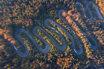 Aerial view of a serpent road at Cheia, Romania, in the heart of Transylvania