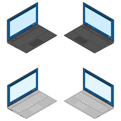 Laptops, black and gray. Left and right view, isometric design. 3D render. Vector illustration.