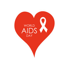 world aids day design with red heart and white ribbon, flat style