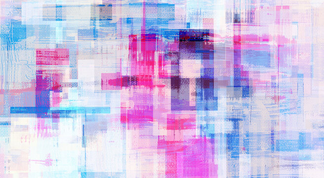 Pink mixed media contemporary painting, oil on canvas and computer graphic. Bright magenta digital art background illustration. Surreal artwork in geometric style and dark accents