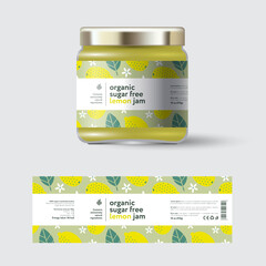 Lemon jam label and packaging. Jar with cap with label. White strip with text and on seamless pattern with fruits, flowers and leaves.