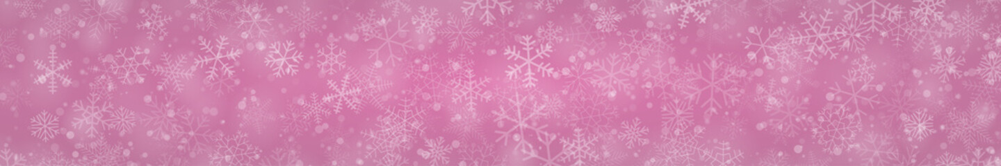 Naklejka na ściany i meble Christmas banner of snowflakes of different shapes, sizes and transparency on pink background