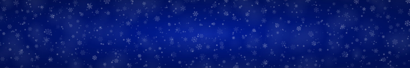 Fototapeta na wymiar Christmas banner of snowflakes of different shapes, sizes and transparency on blue background