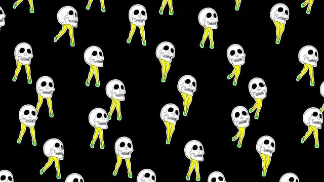 Seamless animation of a walking skulls in printed drawn style cartoon. Funny halloween background with marker stroke effect