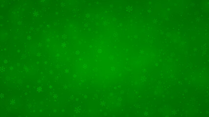 Christmas background of snowflakes of different shapes, sizes and transparency in green colors