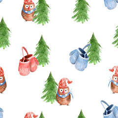 Watercolor winter pattern. For decoration of postcards, design works, design of fabrics and textiles, souvenirs, packaging design, invitation, wrapping.