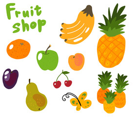 Fruits shop sketch set. Oranges apples bananas pineapples pears and plums. Hand drawn. Vector cartoon illustration. Street market.