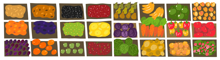 Street market pattern background. Fruits, nuts and vegetable shop sketch set. Hand drawn. Vector cartoon horizontal banner.