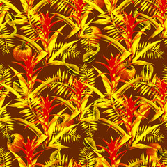 Guzmania with pumpkins and leaves seamless pattern.