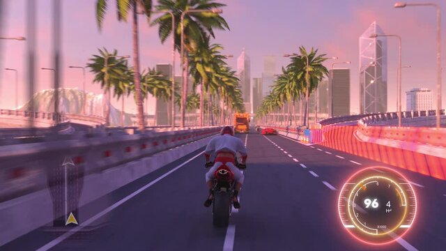 Speed Moto Bike Racing 3d Video Game Imitation With Interface. Bikes Compete On The City Bridge Road. Gameplay Screen.
