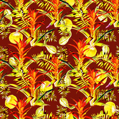 Guzmania with pumpkins and leaves seamless pattern.