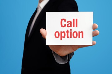 Call option. Businessman in suit showing business card with text. Man isolated on blue background