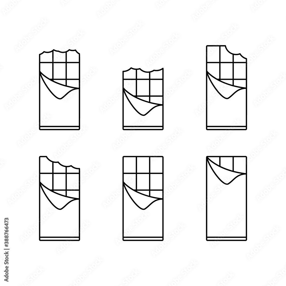 Poster bitten chocolate bar in folded back wrapper. linear icons set. black simple illustration of sweet in
