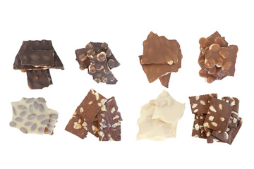 Various types of chocolate bars isolated on white background