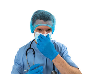 Male surgeon wearing face mask against white background