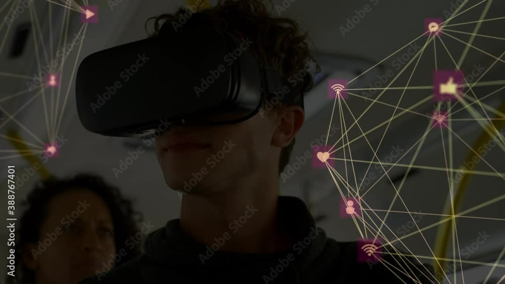 Poster globe of network of connections against man using vr headset