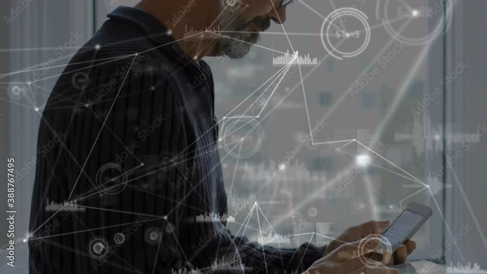 Aufkleber network of connections and data processing against man using smartphones