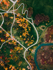 Stunning Aerial shot from above top view on autmn park in Minsk. Yellow leaves. Fall forest trees....