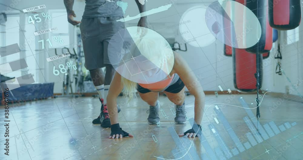 Poster statistical data processing against female boxer performing push up exercise
