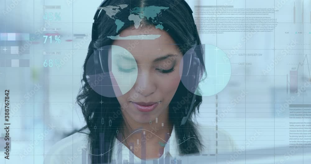 Poster animation of graphs and statistics rolling on grid over female call centre worker