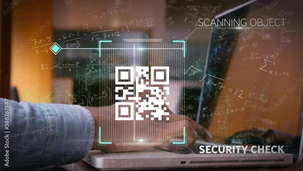 Poster animation of qr code with mathematical equation over person using laptop