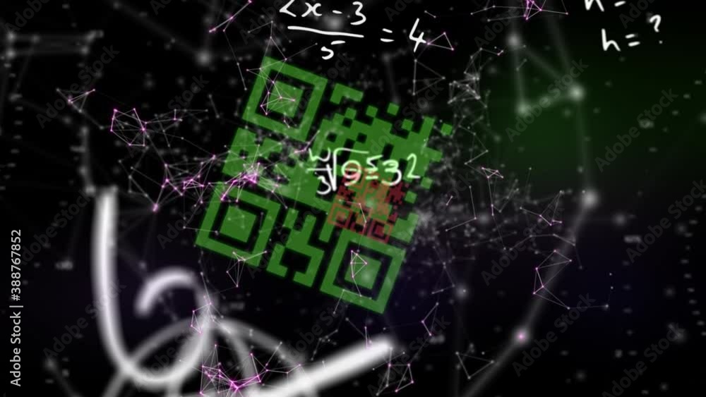 Aufkleber animation of qr code with mathematical equation and shapes of connections