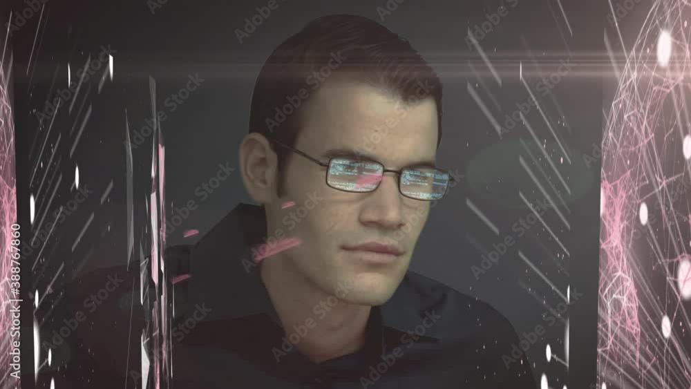 Poster animation of webs of connection and dots floating over male hacker