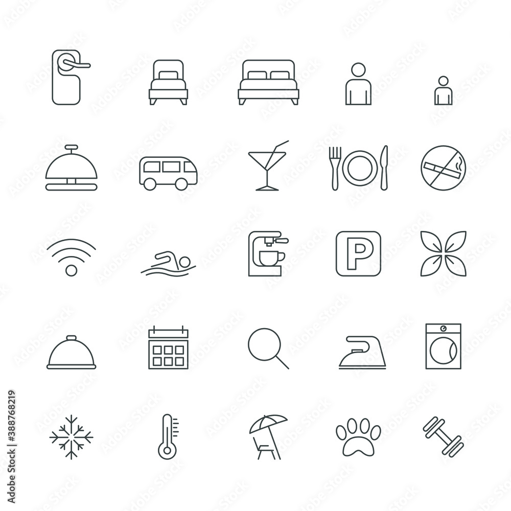 Wall mural hotels, hostels. set of vector linear icons for website or application. for website or app.