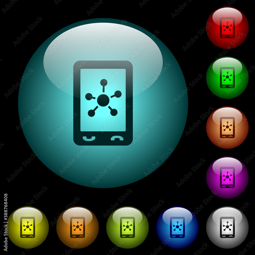 Poster mobile social networking icons in color illuminated glass buttons