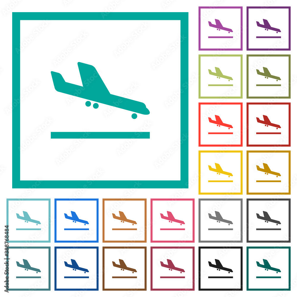 Poster airplane landing flat color icons with quadrant frames