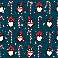 Colorful background with penguins, candy canes, snow. Decorative cute backdrop vector. Happy New Year, seamless pattern with animals. Winter time