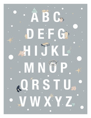 Winter childrens flat vector poster with alphabet and set of elements for winter decor for learning letters. Socks, snow, hat, mittens, sled, coffee pot, cookies and snowflake. Children's alphabet.
