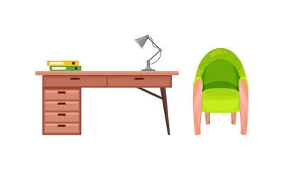 Furniture Items with Working Desk with Drawers and Armchair Vector Set