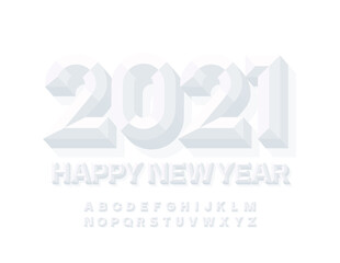 Vector white greeting card Happy New Year 2021! Creative modern Font. Beveled 3D Alphabet Letters and Numbers set