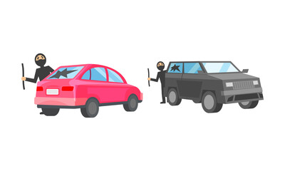 Naklejka premium Masked Man Robber Breaking Car Window Vector Set