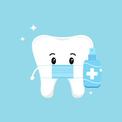 Cute tooth with medical mask and antiseptic isolated on background. Flat design cartoon style personal hygiene and coronavirus  or infection prevention and protection character vector illustration. 
