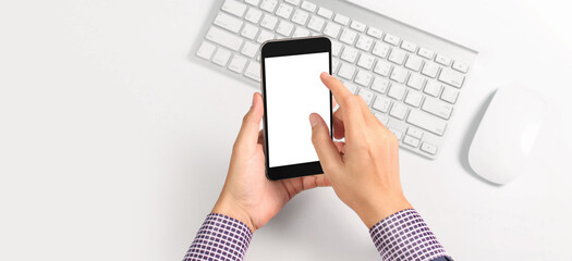 Hand holding smartphone device touching screen