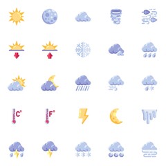 Forecast weather elements collection, meteorology weather flat icons set, Colorful symbols pack contains - clouds, sun, rain, winter, summer, thunderstorm. Vector illustration. Flat style design