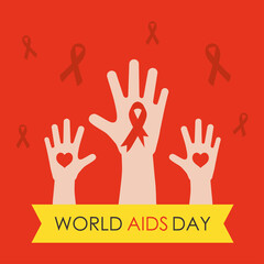 world aids day design with hands up with ribbon and hearts, flat style