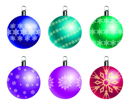 Christmas tree toys set/ Collection of multicolor Christmas tree balls with snowflakes on/ Vector flat