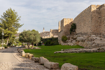Fototapeta na wymiar Outside view of the old city walls of Jerusalem, Israel