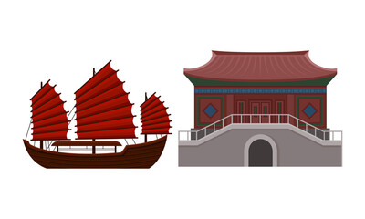 Hong Kong Travel Symbols with Junk as Sailing Ship and Architecture Vector Set