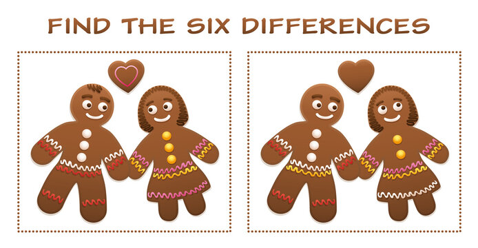 Christmas puzzle, find the six differences. Gingerbread man and woman in love with heart cookie - cute and sweet christmas fun.
