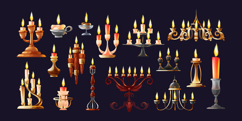 Realistic candles in candlesticks set. Retro vintage candle holders, chandelier and candelabrums with burning flames. Household and church items.