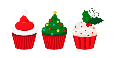 Christmas cupcakes set - cute winter sweets food. Xmas icing muffin santa claus hat, decotared tree, sugar cream with mistletoe in red paper. Flat cartoon holiday party dessert vector illustration.
