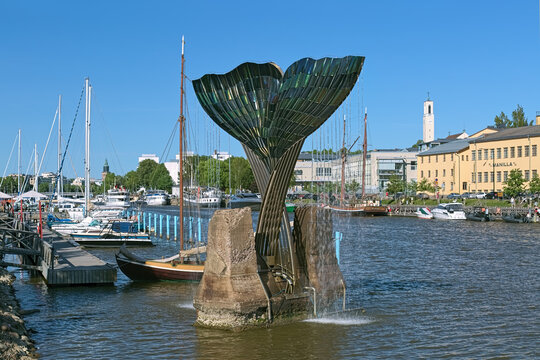 Harmonia, also known as Whale Tail, a stainless steel fountain sculpture in the Guest Harbor of Aura River in Turku, Finland