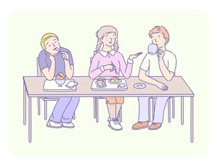 Students lunch time. Group of young people eating fast food, ice cream, sweet, drink coffee. Friends students sitting together at the table chatting communicate together and having lunch